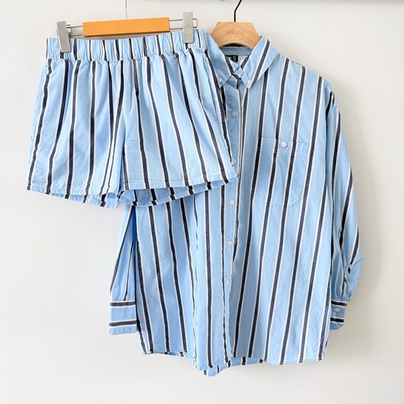 H&M Divided Blue Stripe Shirt and Shorts Set XXS Matching Co-Ord - Picture 2 of 16